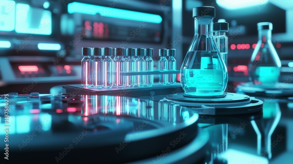 Poster cutting-edge medical research event high-tech lab science facility futuristic environment close-up v