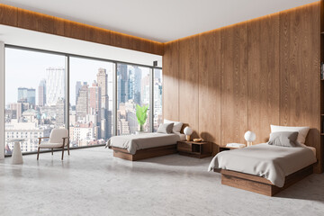 Modern bedroom with wooden panel design and cityscape view. 3D Rendering