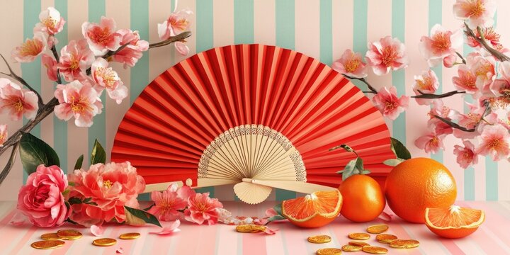 Colorful Spring-themed Composition with Floral Motif and Seasonal Fruit