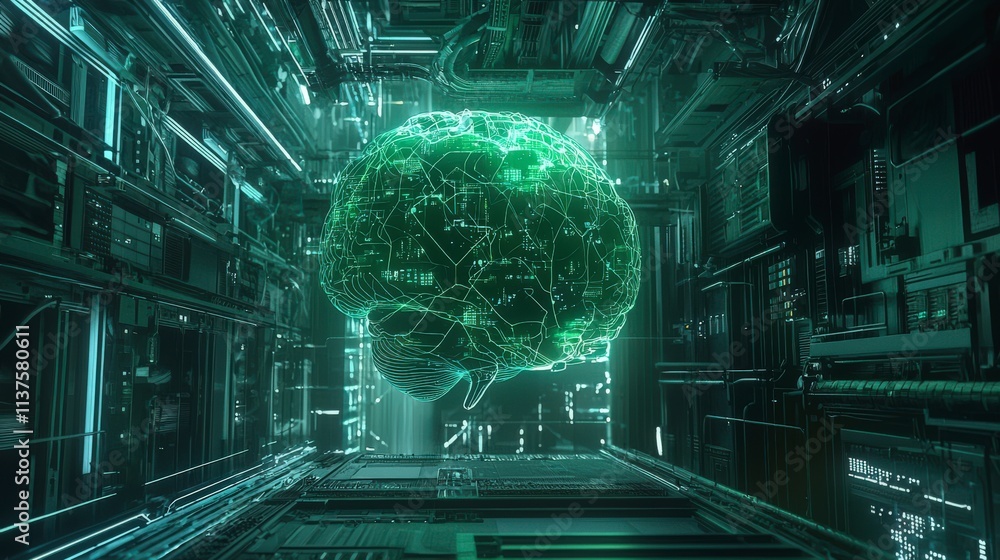 Poster Dynamic ai brain integration in digital grid futuristic lab visual content tech environment aerial view innovation insight