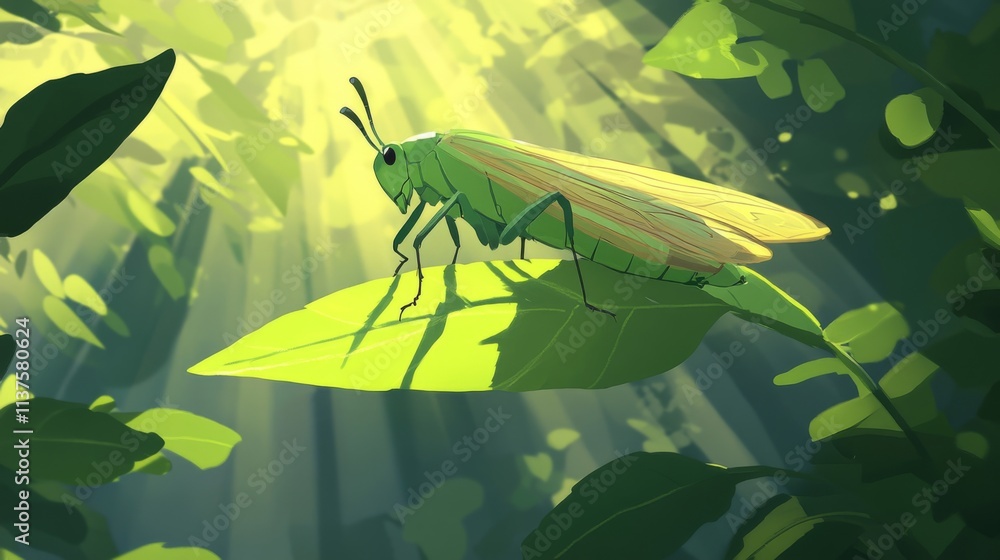 Poster Green Grasshopper on Leaf in Sunlight with Soft Light Background