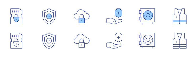 Safety icon set in two styles, Duotone and Thin Line style. Editable stroke. sd card, shield, health insurance, safety box, safety, vest
