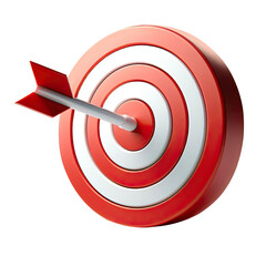 round red and white target with an arrow in the center on a transparent background. the dart hit the bull's-eye on the target in PNG format