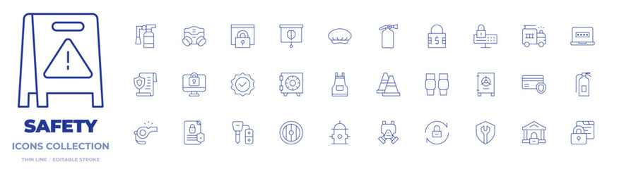 Safety icons collection. Thin Line icons, editable stroke. computer, contract, fire extinguisher, gas mask, padlock, quality, safety box, security, apron, cone, cover, knee pads