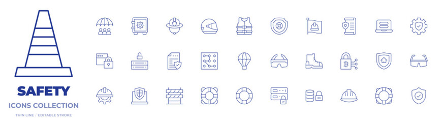 Safety icons collection. Thin Line icons, editable stroke. data protection, firefighter helmet, helmet, pattern lock, padlock, risk management, safety box, server