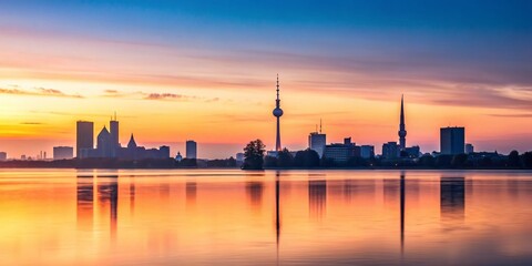 Naklejka premium Minimalist Photography of Salzgitter Skyline at Sunset, Showcasing Modern Architecture and Tranquil Atmosphere with Soft Colors and Clean Lines for Stock Image Collection