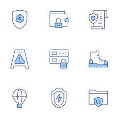 Safety icons set. Line Duotone style, editable stroke. contract, wet floor, protection, folder, shield, boot, server, wallet, parachute