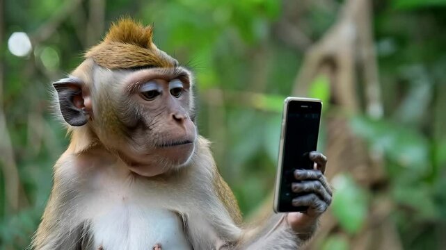 Monkey taking selfie with black smartphone in green forest