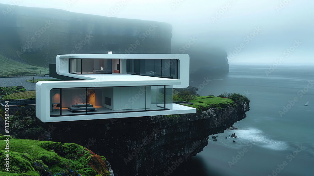 Poster modern white villa standing on a cliff with small green garden in island, foggy view in background.