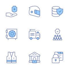Safety icons set. Line Duotone style, editable stroke. safety, helmet, protection, health insurance, confidentiality, safety box, bank, fire truck, vest