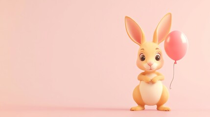 Obraz premium Cute cartoon bunny with a pink balloon on a pink background.