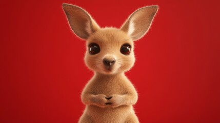 Obraz premium A 3D rendered cartoon kangaroo with big eyes smiles in front of a red background.