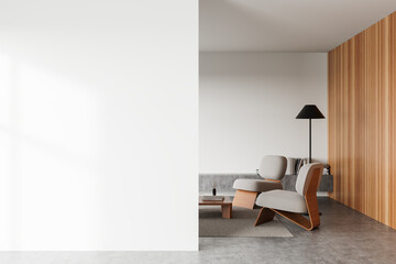 Modern minimalistic living room corner with blank white wall and cozy furniture setup for interior design mockup template. 3D Rendering