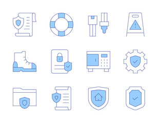 Safety icons. Line Duotone style, editable stroke. contract, file, safety box, wet floor, safety belt, setting, boot, rubber ring