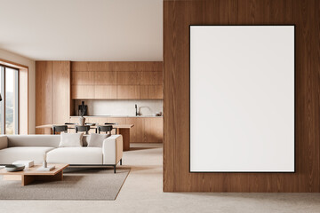 Minimalist interior design with blank poster frame on wooden wall in modern dining and living room. 3D Rendering
