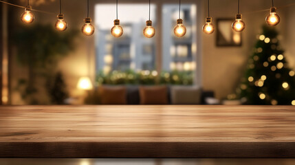 Empty brown wooden table and blurred restaurant bokeh light back, Empty wooden table and interior background, product display, 