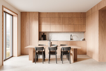 Modern wooden kitchen interior with dining area and minimalist decor. 3D Rendering