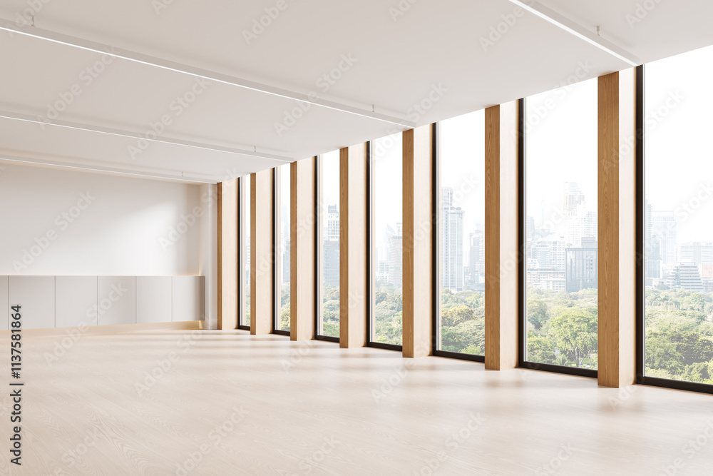 Aufkleber spacious and bright empty room with large floor-to-ceiling wooden-framed windows and cityscape view.