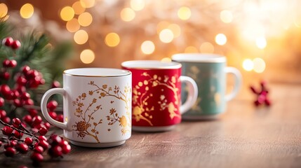Fototapeta premium Three beautiful decorative mugs in festive colors placed on a wooden table, surrounded by holiday decorations and warm bokeh lights in the background, perfect for seasonal celebrat