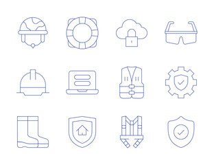 Safety icons. Thin Line style, editable stroke. helmet, safety, harness, lifebuoy, password, safety glasses, setting, shield, water boots