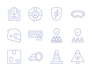 Safety icons. Thin Line style, editable stroke. safety, traffic cone, helmet, lifeguard, password, safety goggles, shield, snow, safe box