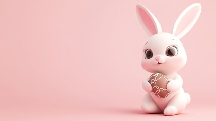 Obraz premium A cartoon bunny with big eyes, holding a chocolate Easter egg, on a pink background.
