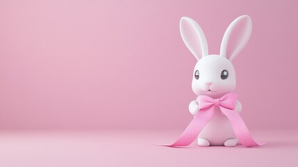 Obraz premium White cartoon bunny with a pink bow, on a pink background.