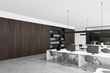 Modern open-space office interior with clean lines and contemporary furniture. 3D Rendering