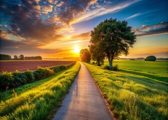 Obraz premium Minimalist Sunset Path Photography: Golden Hour, Pathway, Landscape, Nature, Travel, Silhouette, Sun, Sky, Road, Beach, Desert, Field, Trees, Mountains