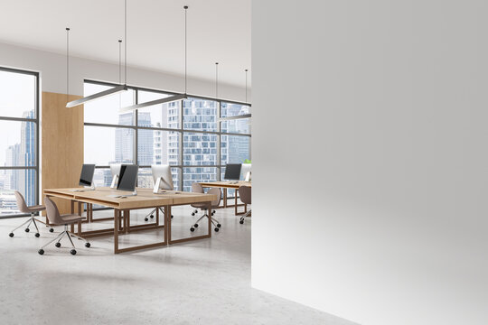 Modern open office space with city view, blank wall for mockup or design template. 3D Rendering