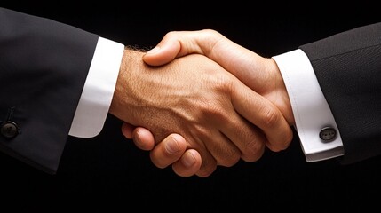 Obraz premium Two business professionals shaking hands, symbolizing agreement and partnership against a black background.