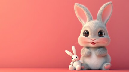 Fototapeta premium A cute cartoon bunny with a small bunny toy.