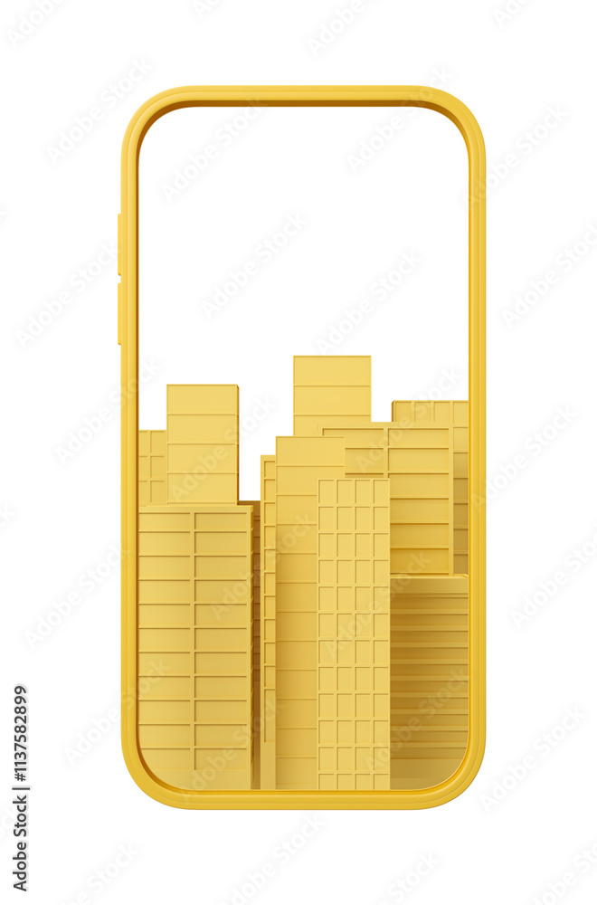 Poster yellow smartphone frame with a skyline of yellow buildings inside the screen, minimalistic and creat