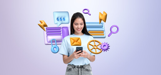 Young woman browsing on phone with colorful abstract icons in ba