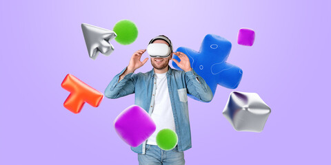 Man using VR headset surrounded by floating abstract shapes, pur