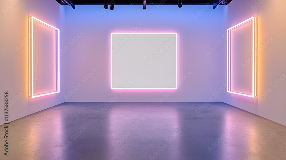 Poster modern art gallery with neon light frames and empty canvas space