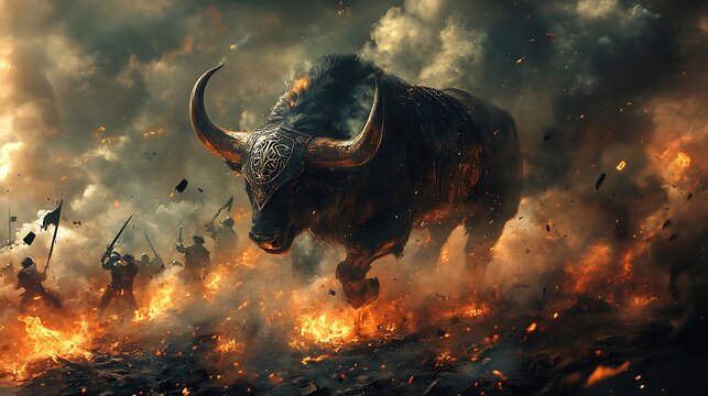 A warbull with blackened steel armor adorned with ancient symbols, storming across a chaotic battlefield, soldiers and debris flying through the air, glowing embers and smoke surrounding its path,