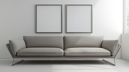 Contemporary living room showcasing single modern couch and double poster frames using 3D renderings to emphasize sleek design.
