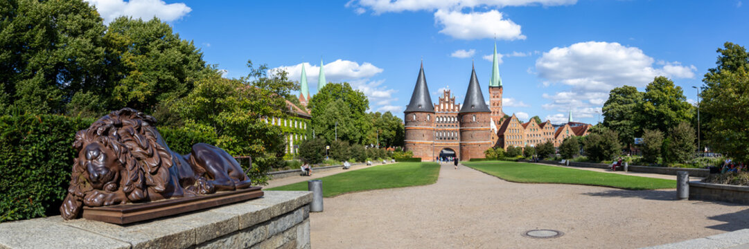 Holsten Gate Holstentor with lion panorama Hanseatic city of L&uuml;beck in Germany
