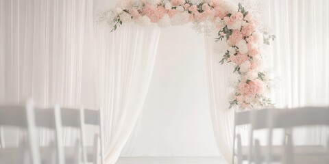 Elegant Floral Arrangement at Wedding Ceremony Hall with Soft Draperies and Subtle Color Palette for Beautiful Celebrations