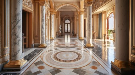 Sunlit grand hallway with ornate columns, marble floors, and gilded details.