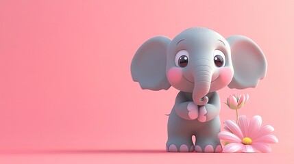 A cute cartoon elephant with pink flowers on a pink background.