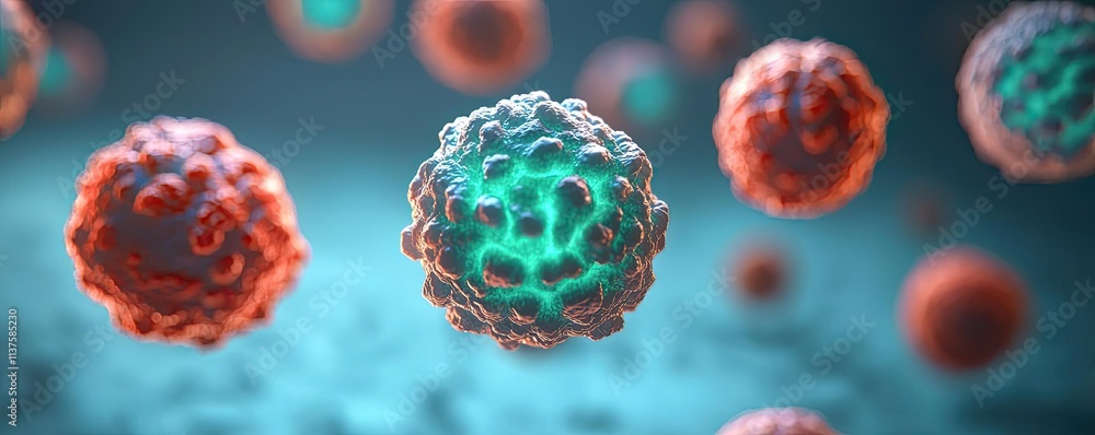 Poster cancer cells idea. microscopic view of intricate cells showcasing biochemical interactions and struc