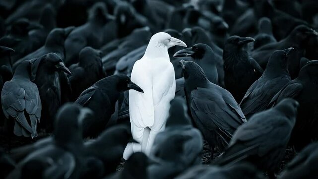 diversity and difference concept, beautiful white raven in flock of black crows