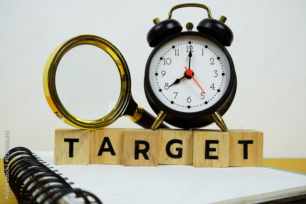 Poster magnifying glass and alarm clock with wooden blocks alphabet letters target text message on yellow b
