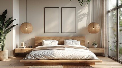 A modern minimalist bedroom with a serene and cozy ambiance. The room features a wooden platform bed with a light oak finish.