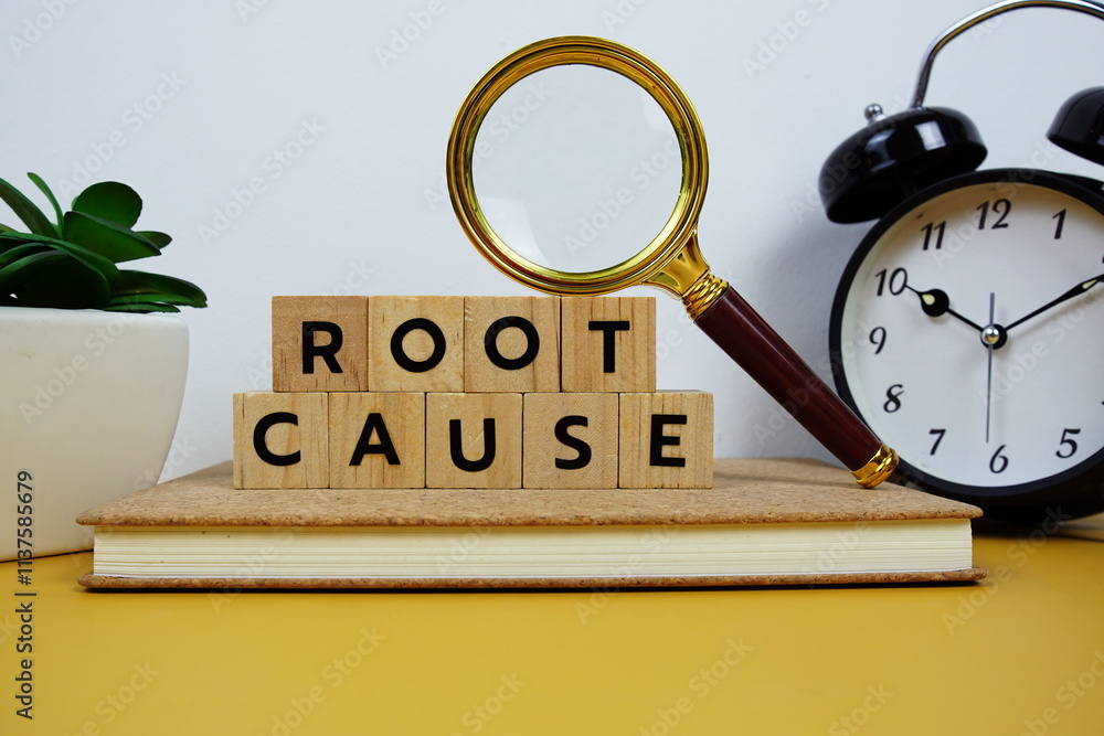 Poster magnifying glass and alarm clock with wooden blocks alphabet letters root cause text message on yell