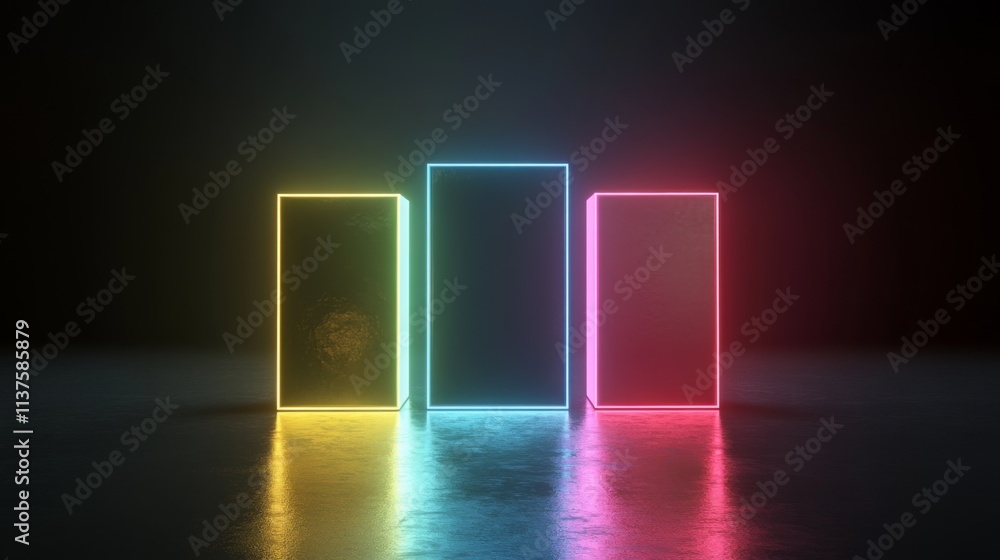 Poster neon glowing boxes in dark room with reflections on floor