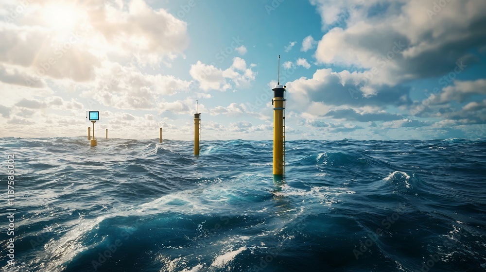 Poster a photograph showcasing an advanced smart buoy network system with a virtual twin technology that ca