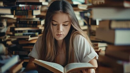 portrait of young girl student reading book in library with stack of books on the table